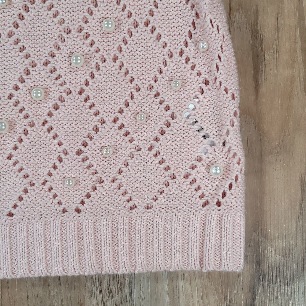 🔹️Bellatrix Pink Open Knit Faux Pearl Adorned Sweater Large - Picture 6 of 11